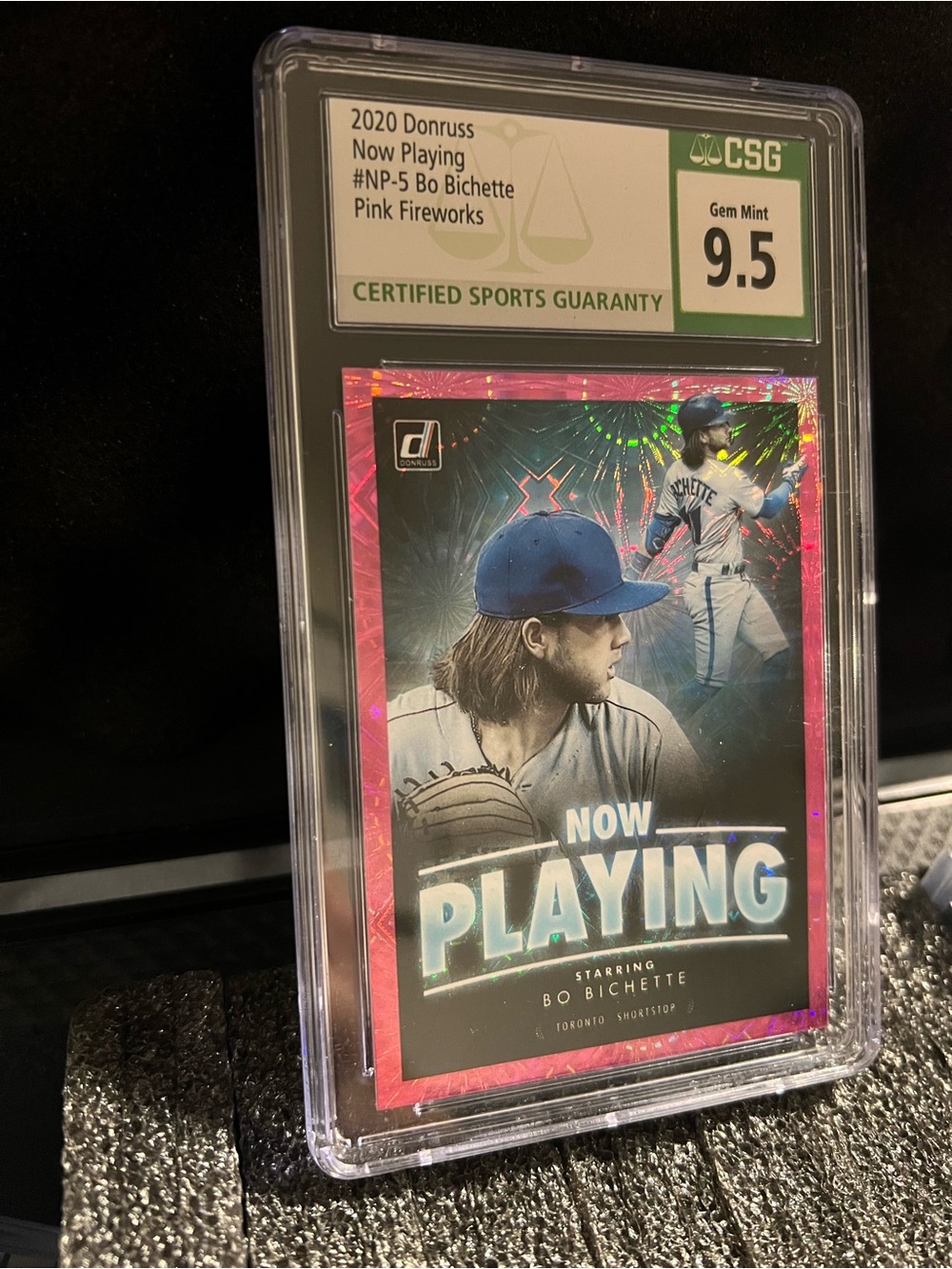 Donruss Now Playing Pink Fireworks Baseball Card - Bo Bichette (CSG 9.5)